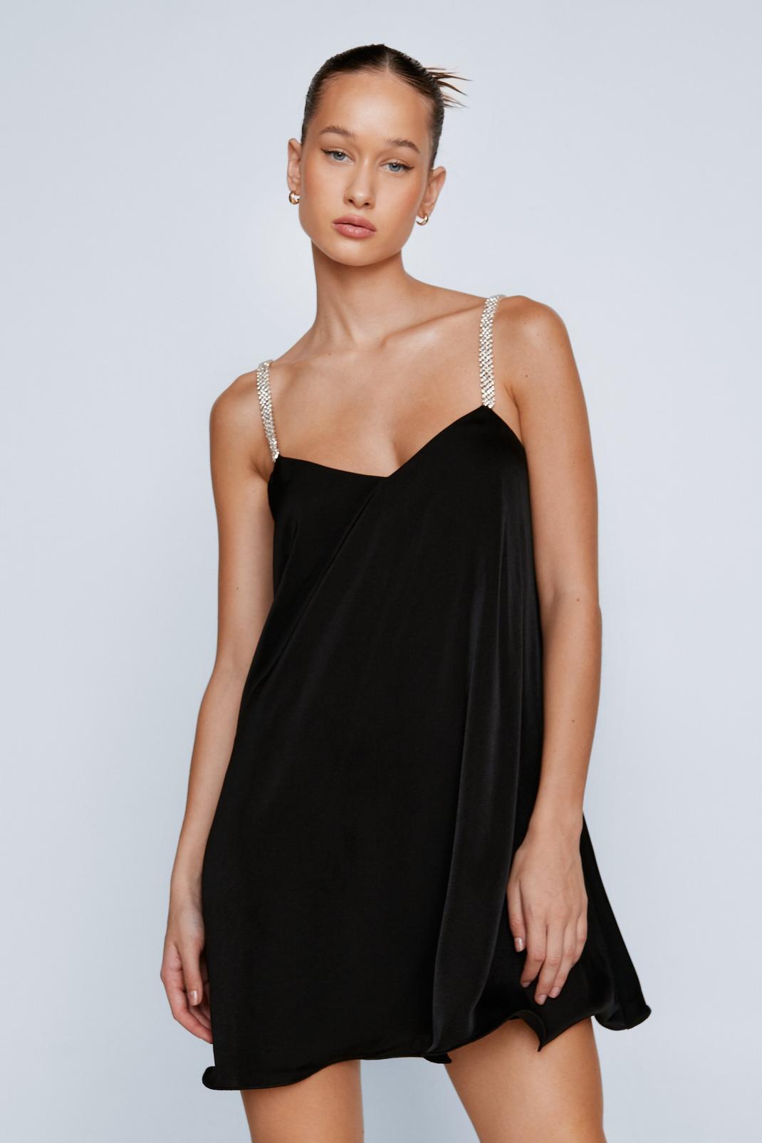 Mini robe satinée à bretelles strassées, Black image number 1