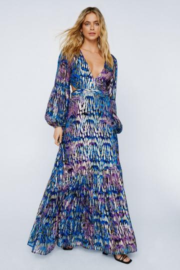 Blue Animal Metallic Cut Out Maxi Dress