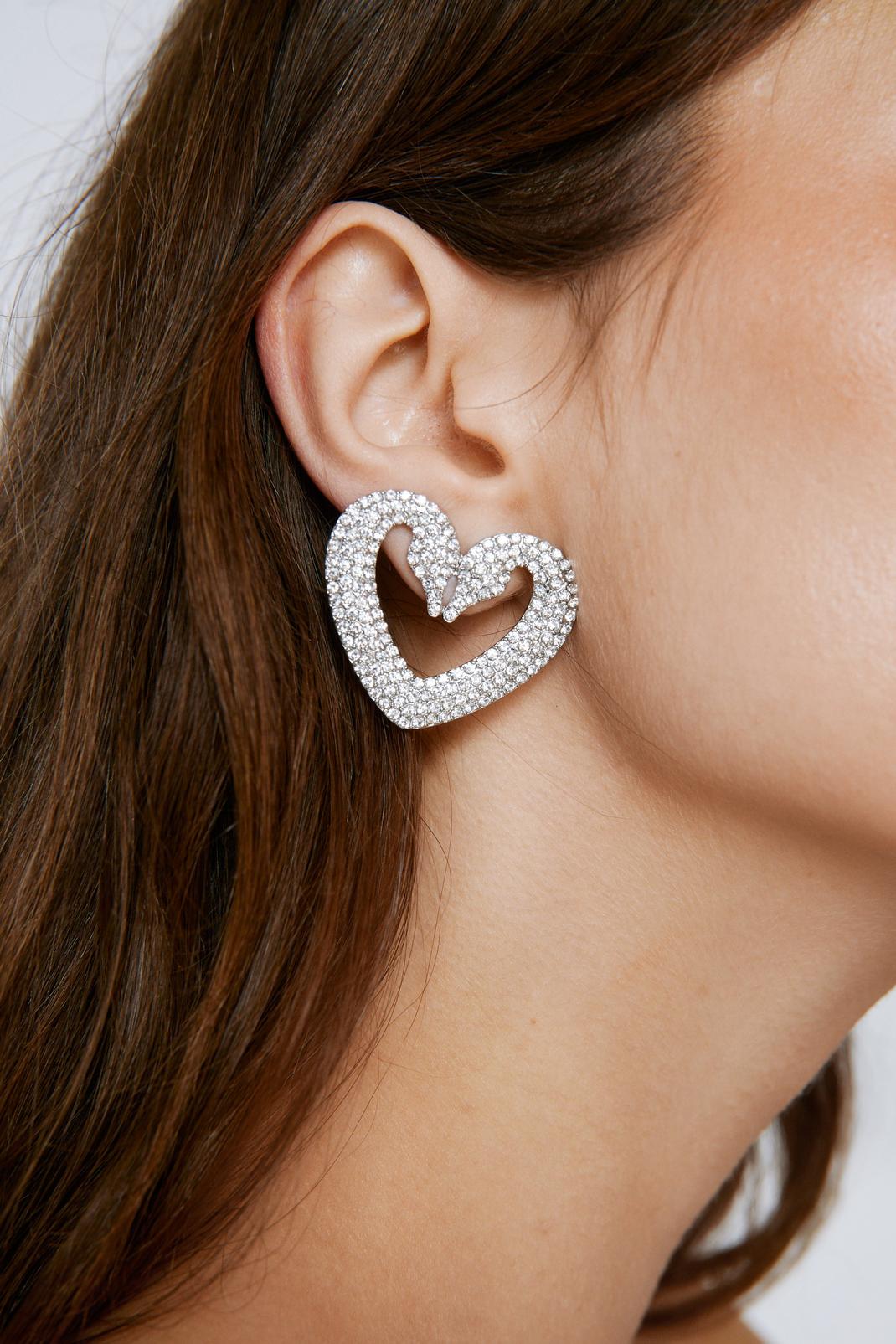 Silver Embellished Diamante Swan Heart Earrings image number 1