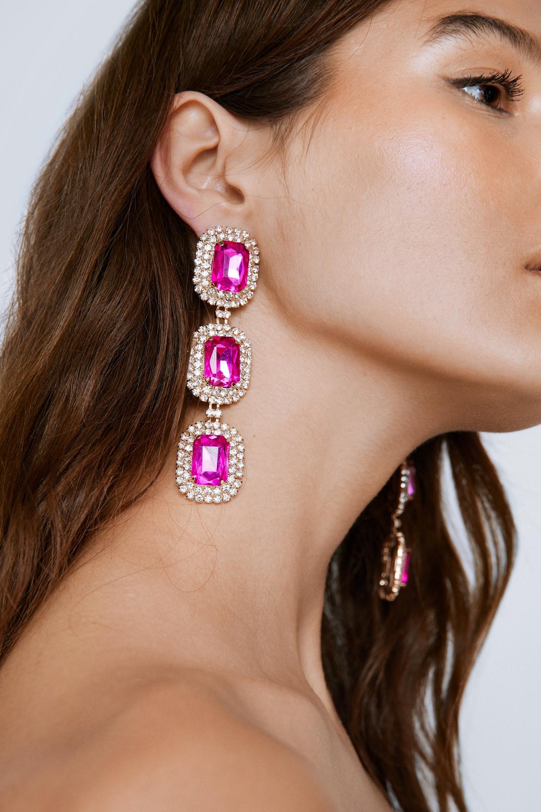 Boucles d'oreilles pendantes à pierres fantaisie, Pink image number 1