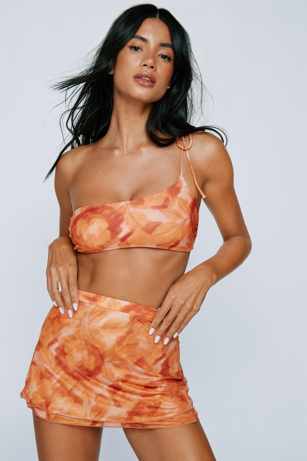 Ensemble 3 pièces fleuri abstrait avec bikini et paréo en mesh , Burnt orange image number 1