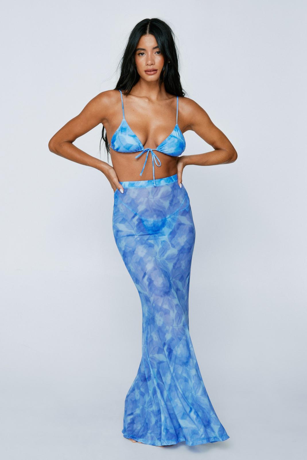 Blue Blurred Floral Triangle Bikini And Mesh Maxi Skirt 3pc Set image number 1