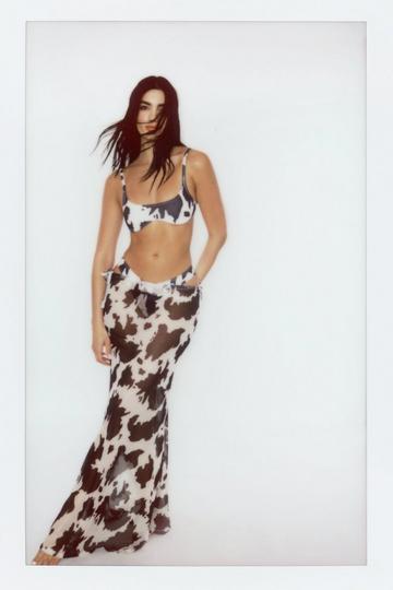 Brown Cow Print Underwire Bikini And Mesh Maxi Skirt 3pc Set