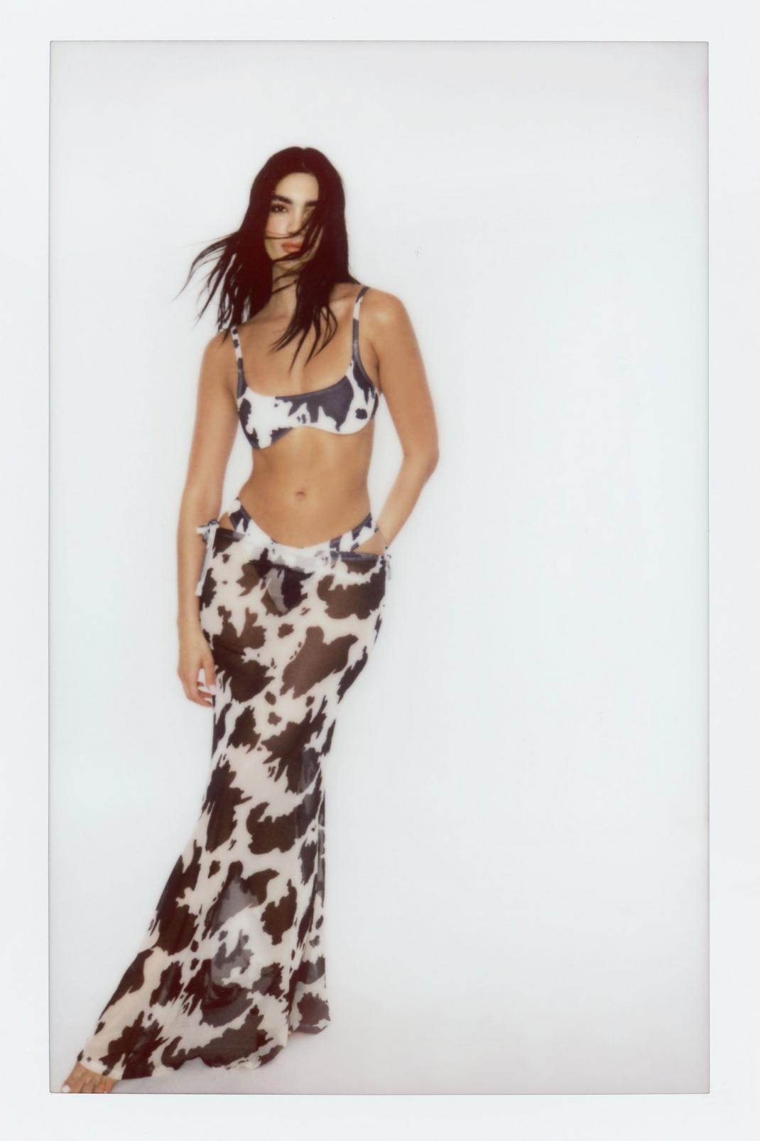 Brown Cow Print Underwire Bikini And Mesh Maxi Skirt 3pc Set image number 1