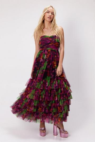 Purple Floral Print Tulle Bandeau Maxi Dress