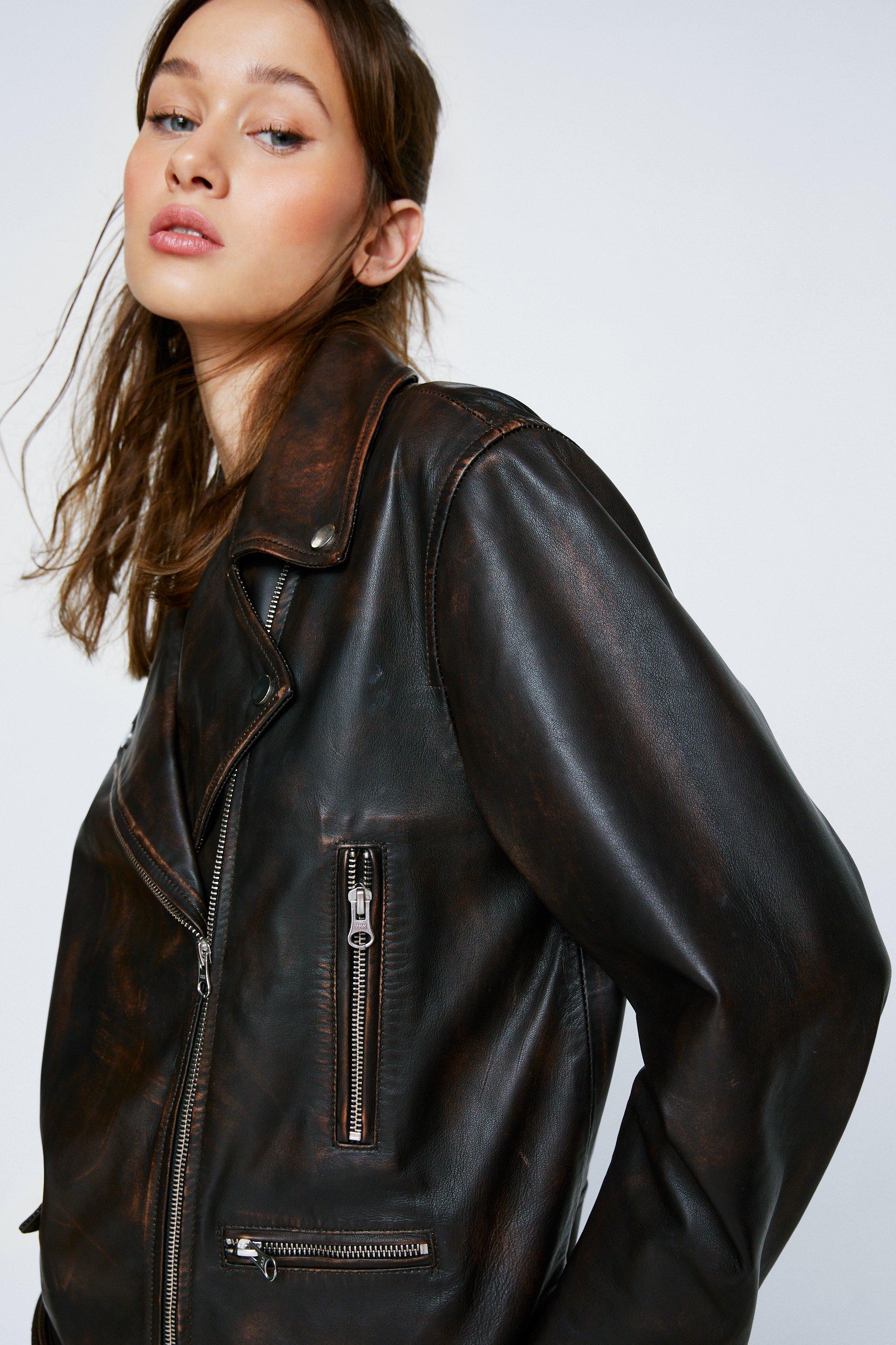 Petite Oversized Real Leather Biker Jacket