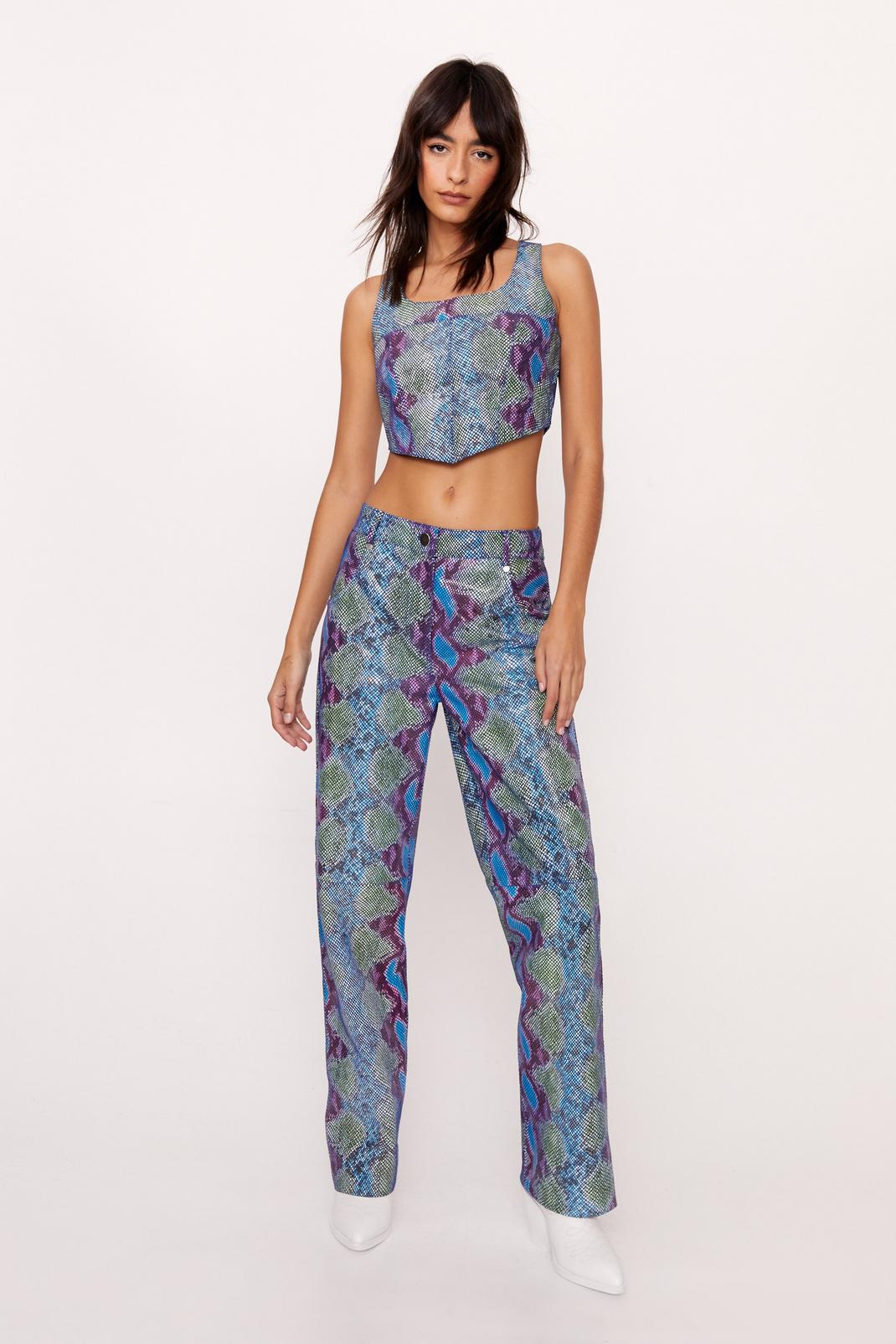 Purple Real Leather Snake Print Foil Trousers image number 1