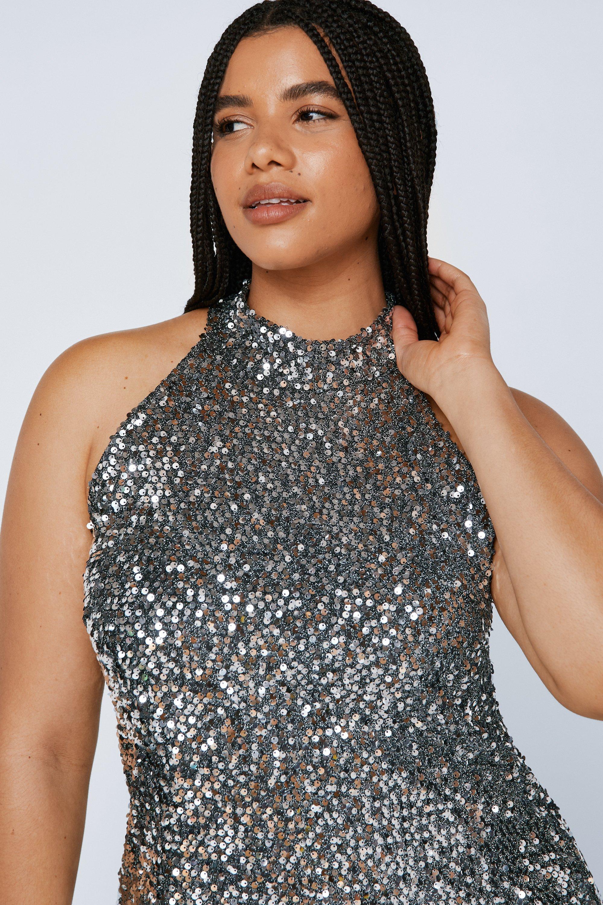 Plus Size Sequin Halter Neck Mini Dress