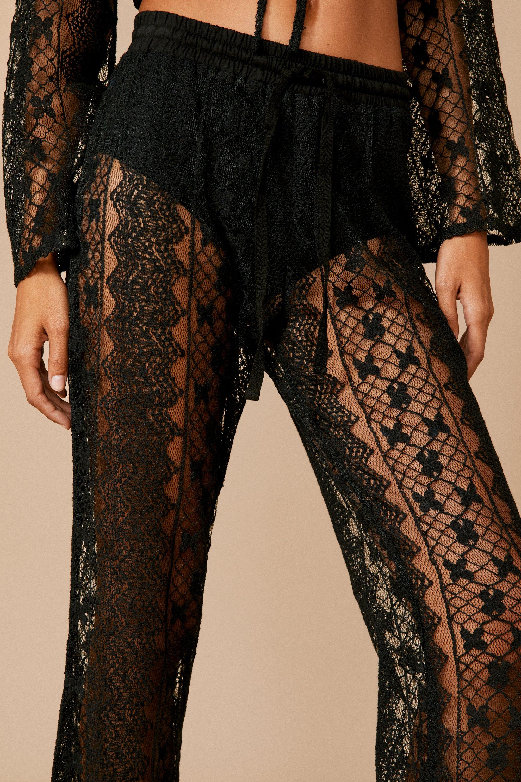 Black Lace Sheer Flare Leg Pants