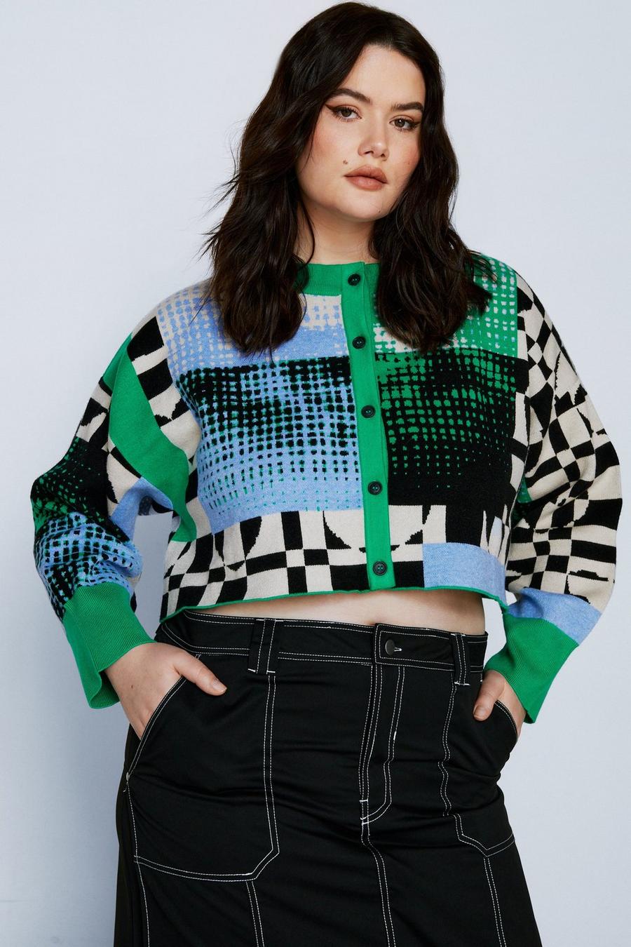 Plus Size Graphic Plaid Knitted Cardigan