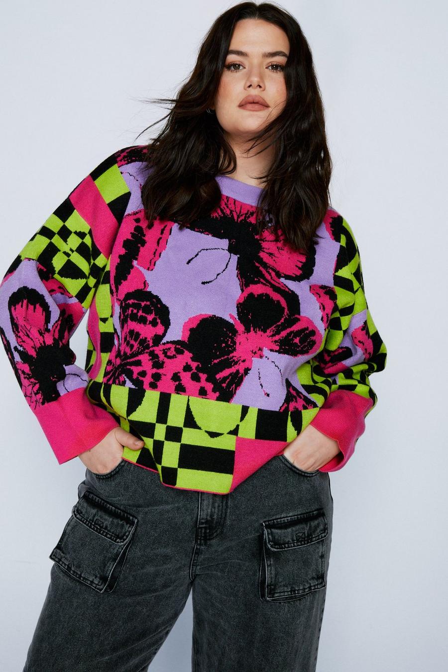 Plus Butterfly Crew Neck Knitted Sweater