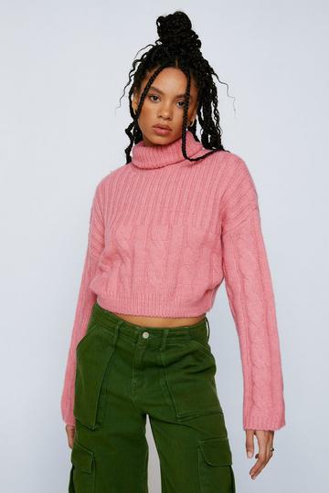 Cable Knit Roll Neck Cropped Sweater pink