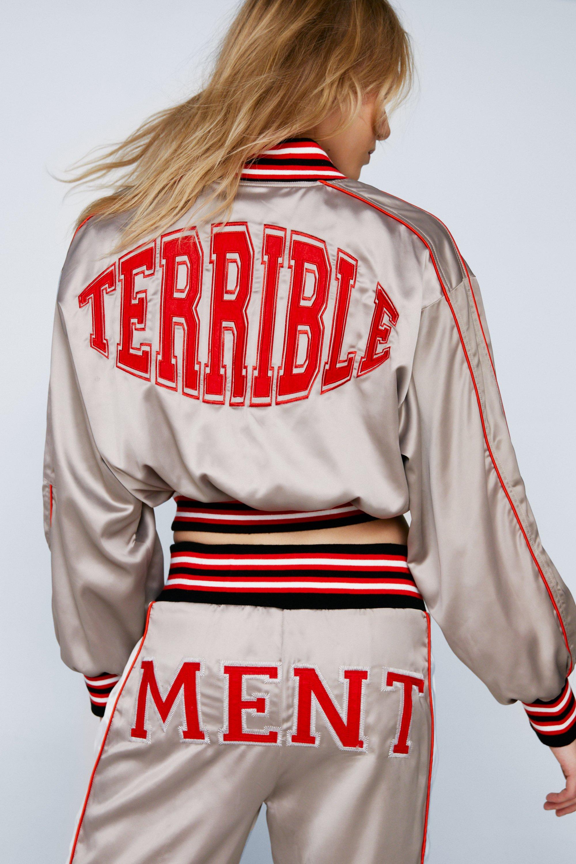 Slogan Back Cropped Satin Bomber Jacket