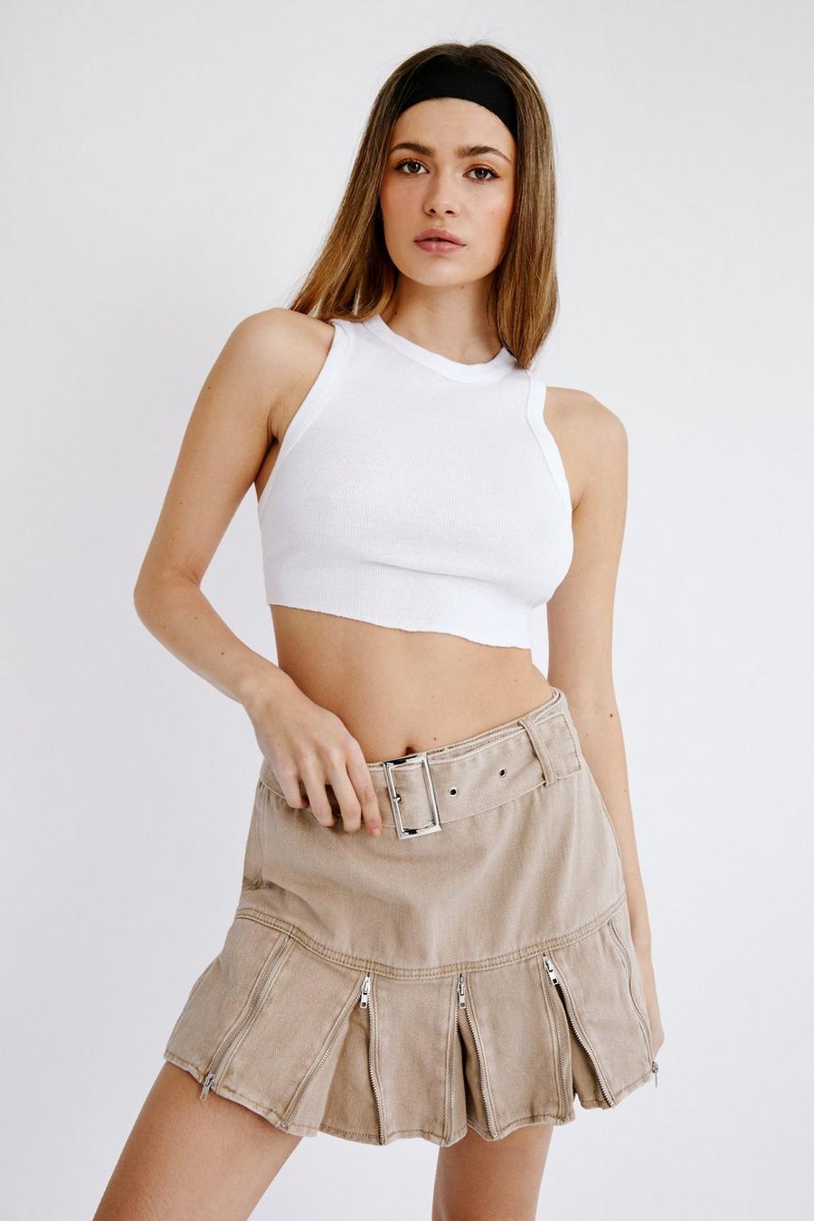 Twill Zip Detail Belted Mini Skirt