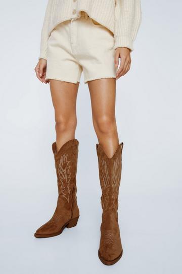 Faux Suede Embroidered Knee High Cowboy Boots beige
