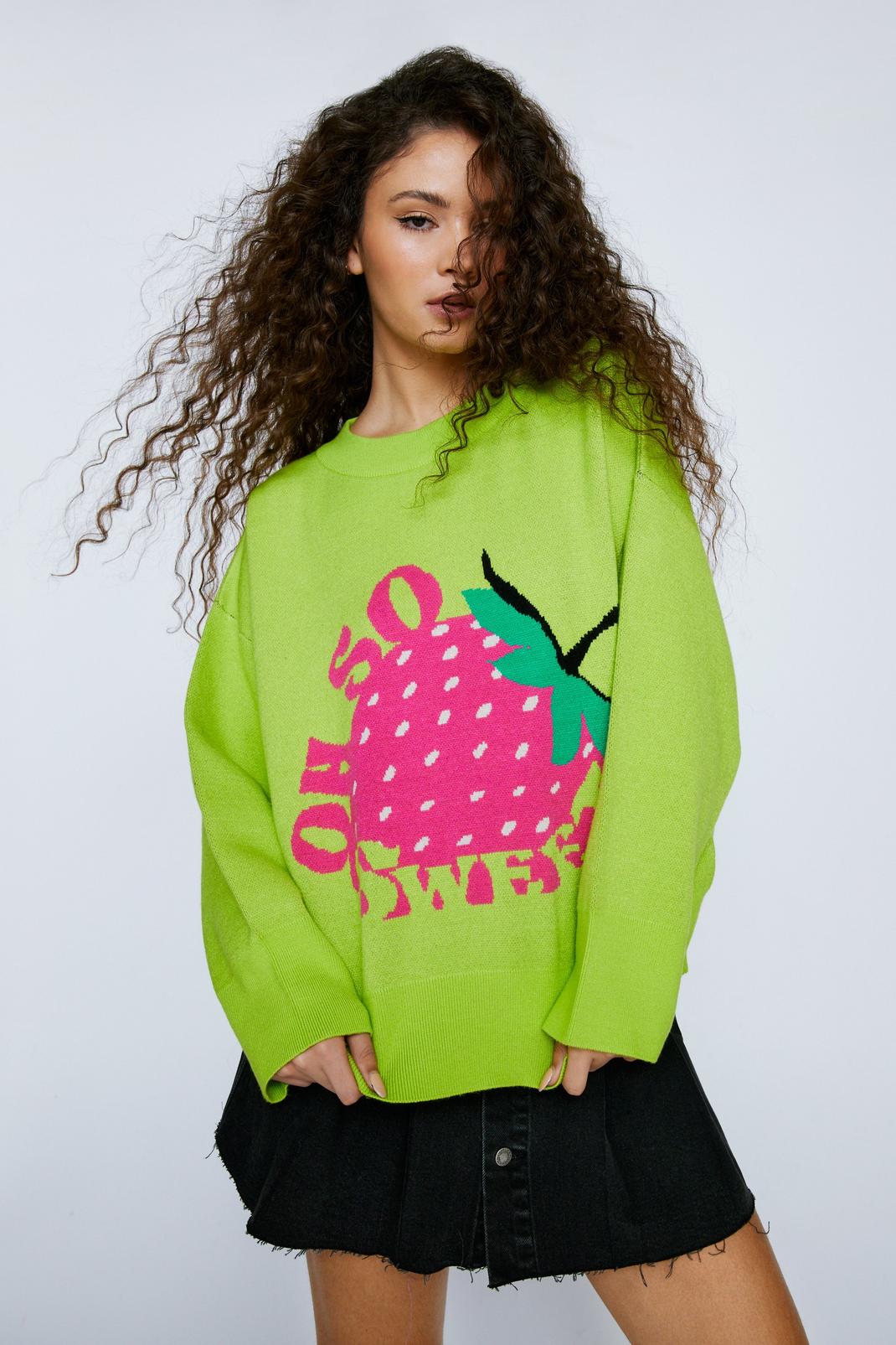 Green Strawberry Graphic Crew Neck Knitted Jumper image number 1