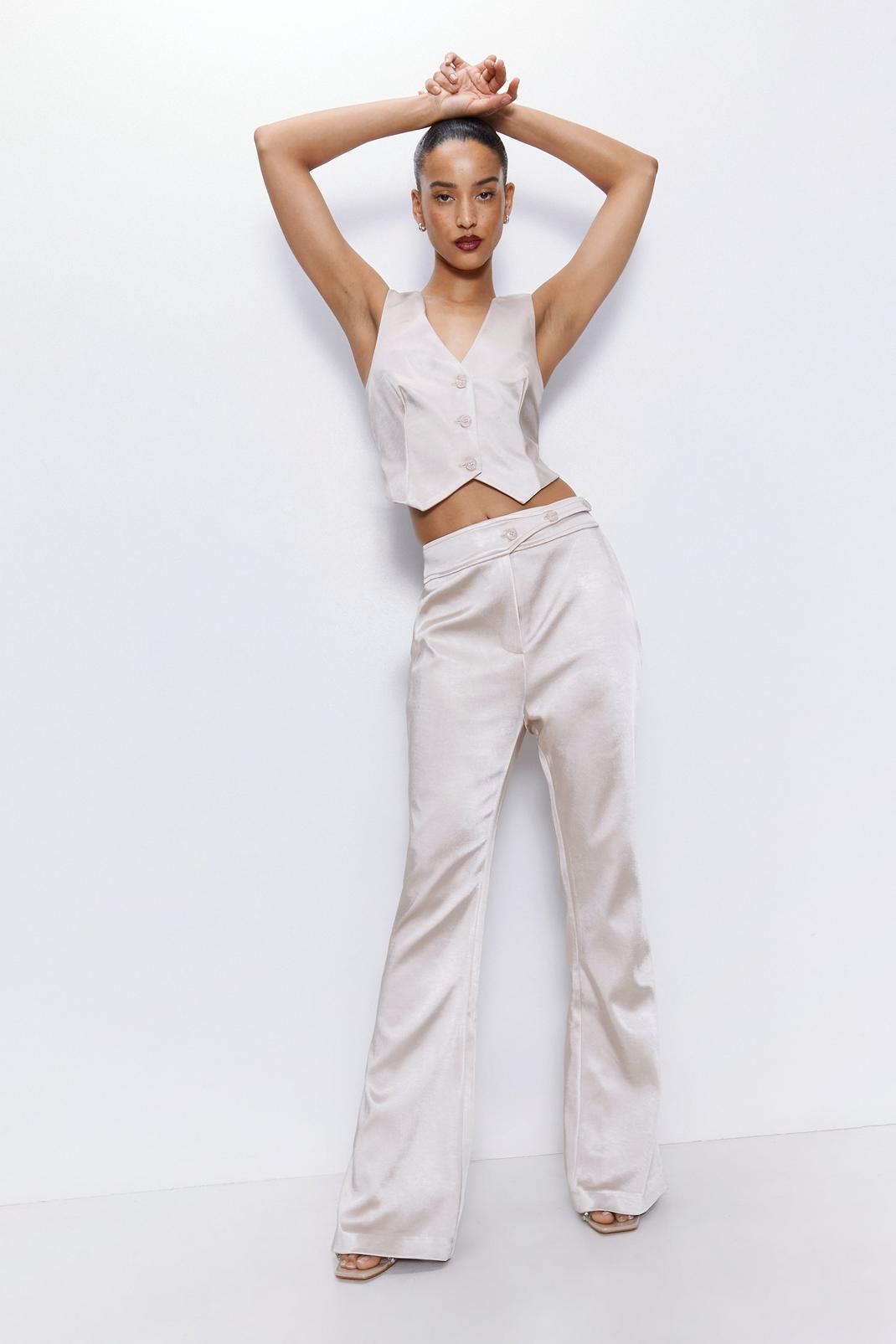 Champagne Premium Satin Tailored Flare Trousers image number 1