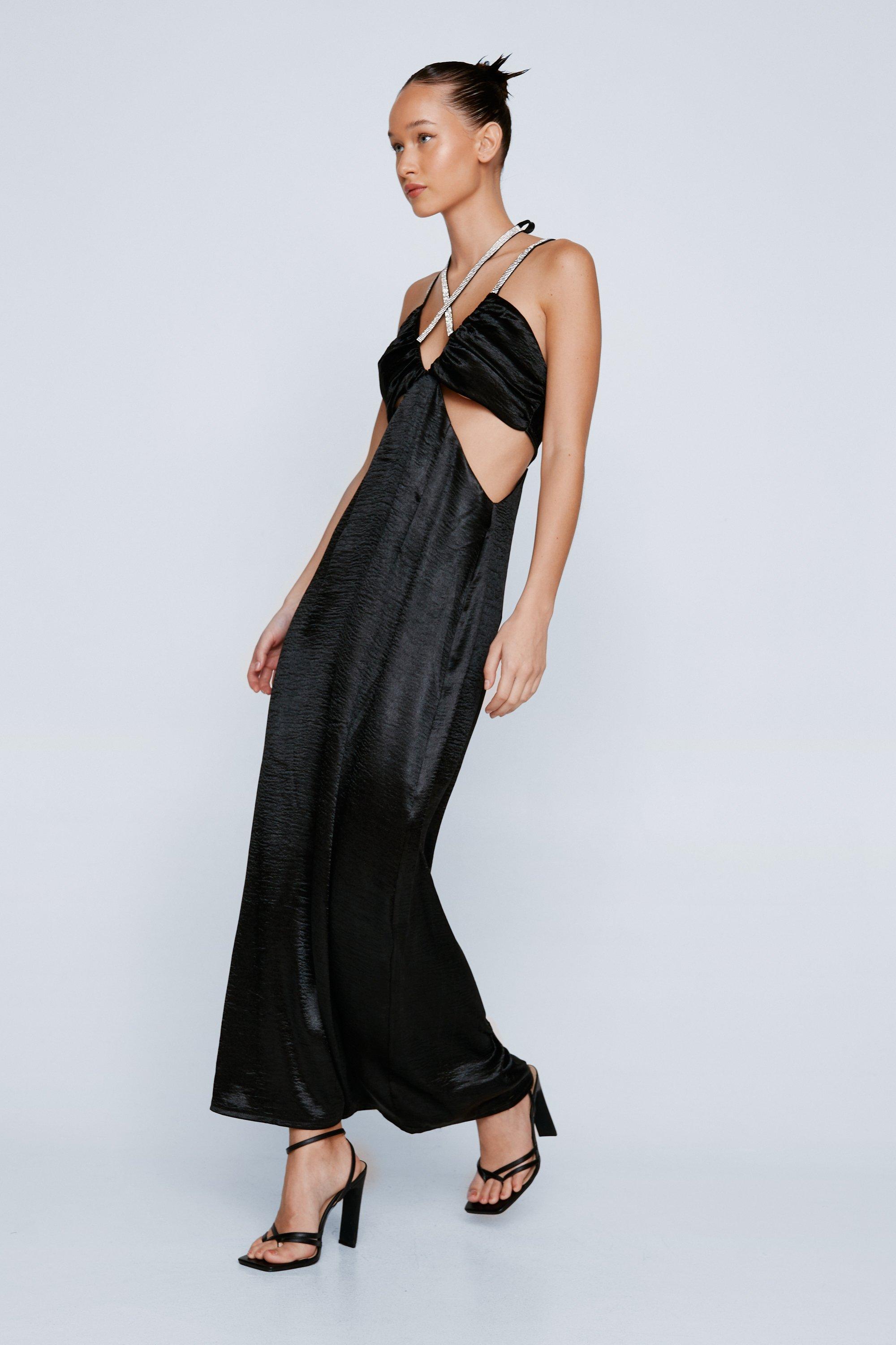 Topshop diamante back strap maxi slip dress in black