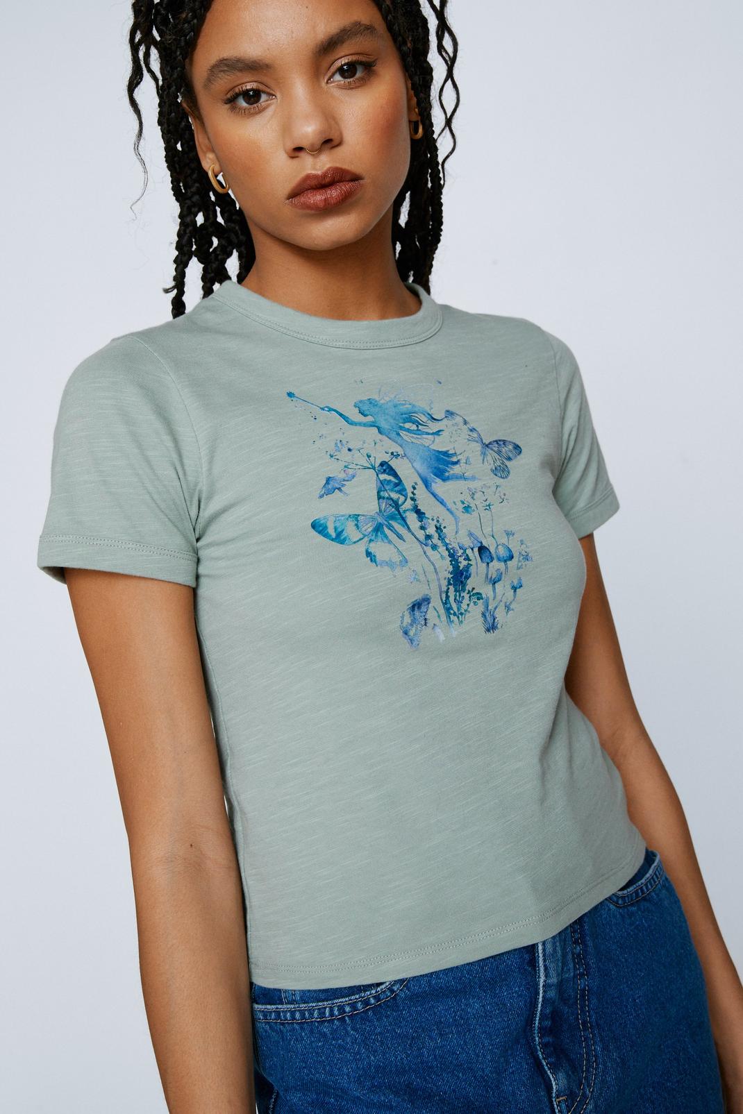 T-shirt court à imprimé papillon, Khaki image number 1