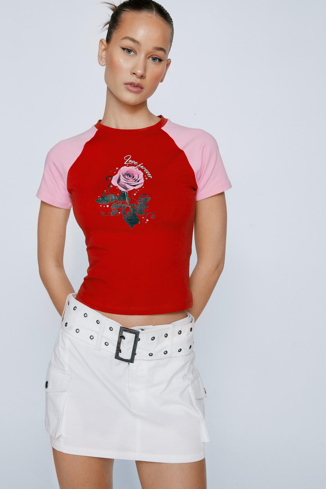 T-shirt à imprimé rose et slogan Love Forever , Red image number 1