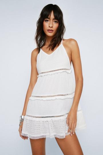 Broderie And Lace Mix Cross Back Cami Dress white