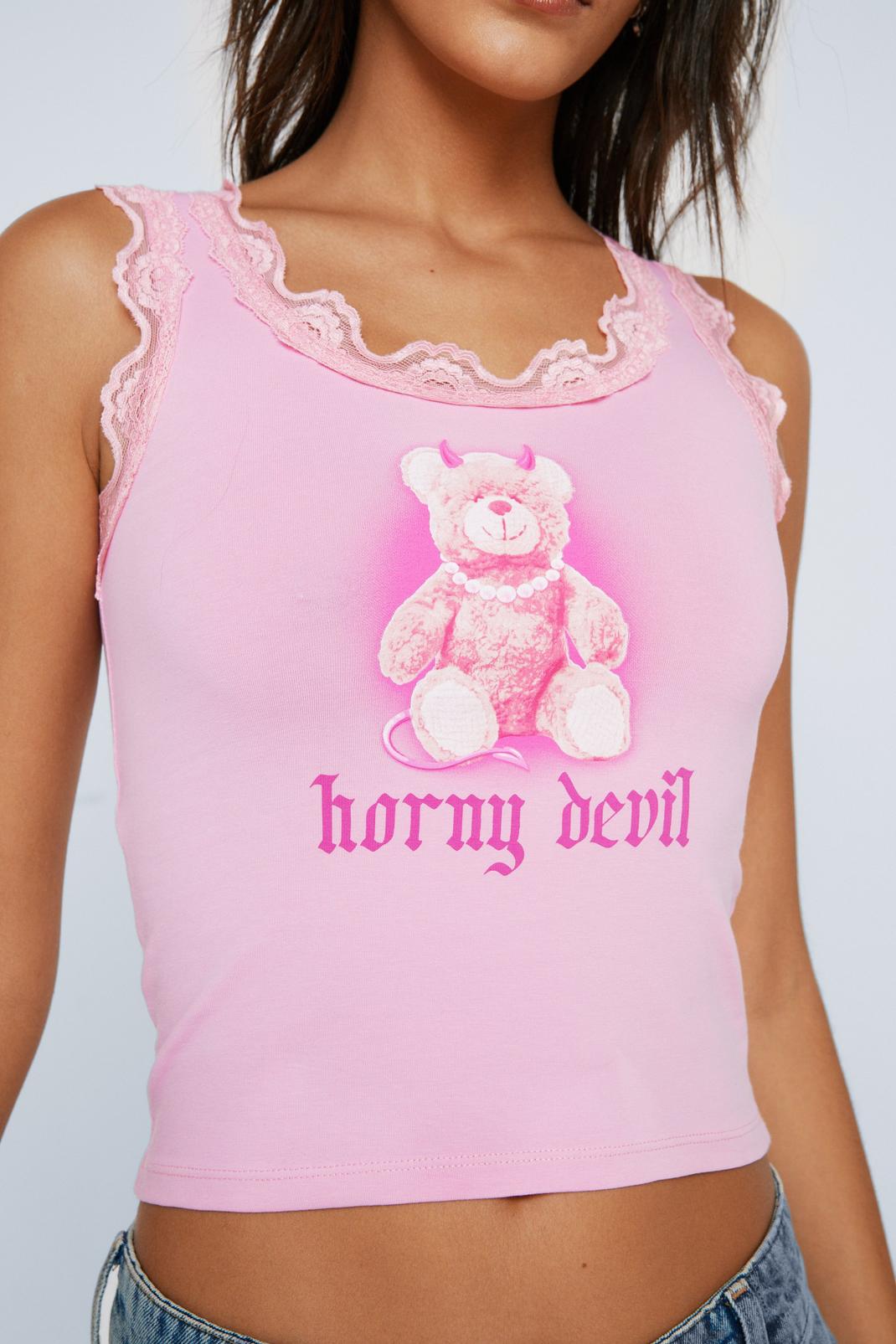 Pink Horny Devil Graphic Lace Trim Tank Top image number 1