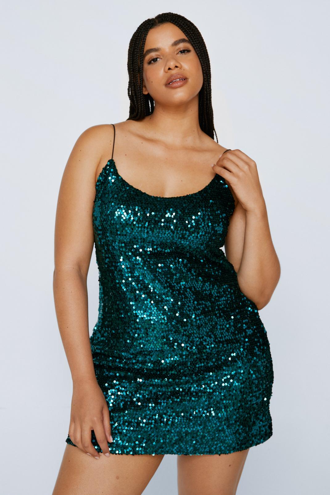 Green Plus Size Velvet Sequin Cami Mini Dress image number 1
