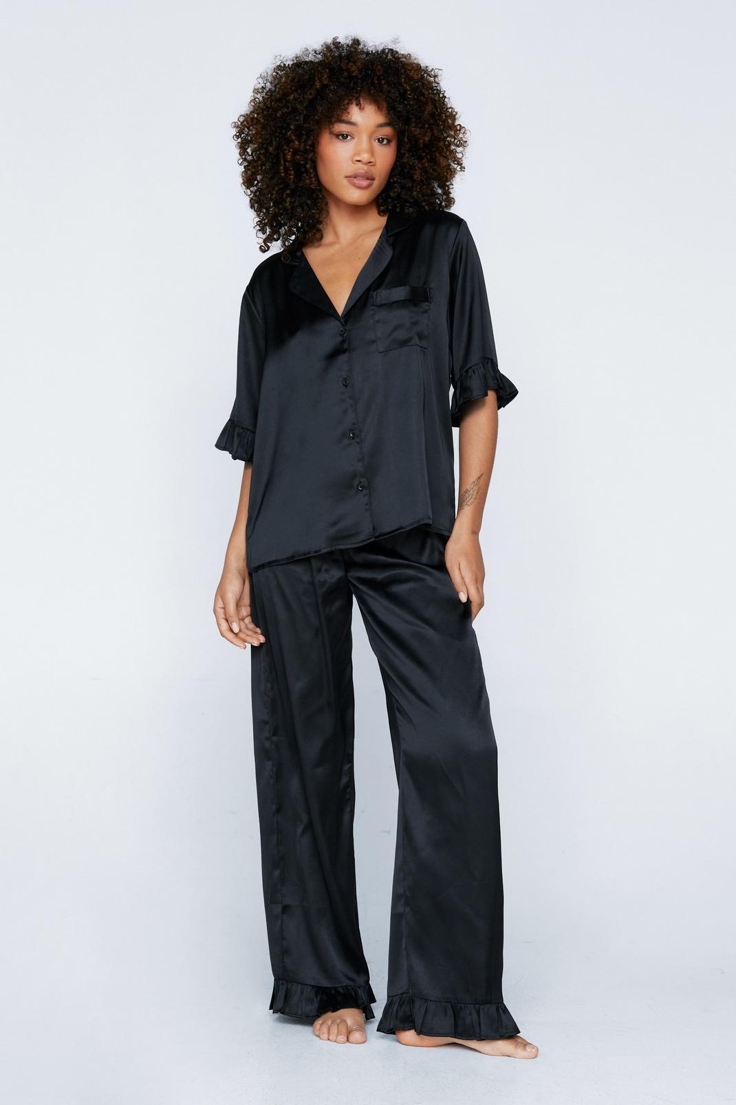 Black Satin Ruffle Trouser Pyjama Set image number 1