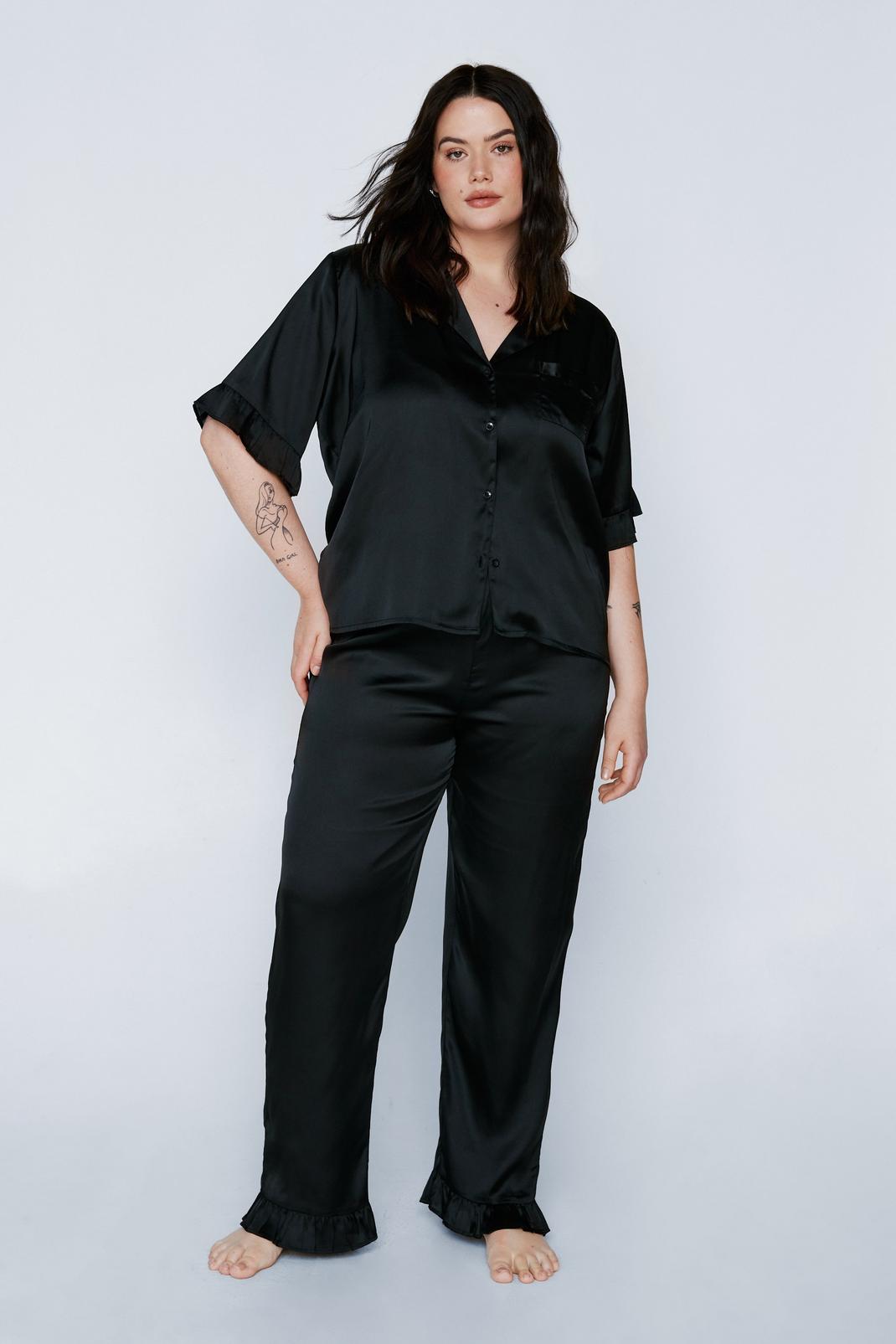 Black Plus Size Satin Ruffle Trouser Pajama Set image number 1