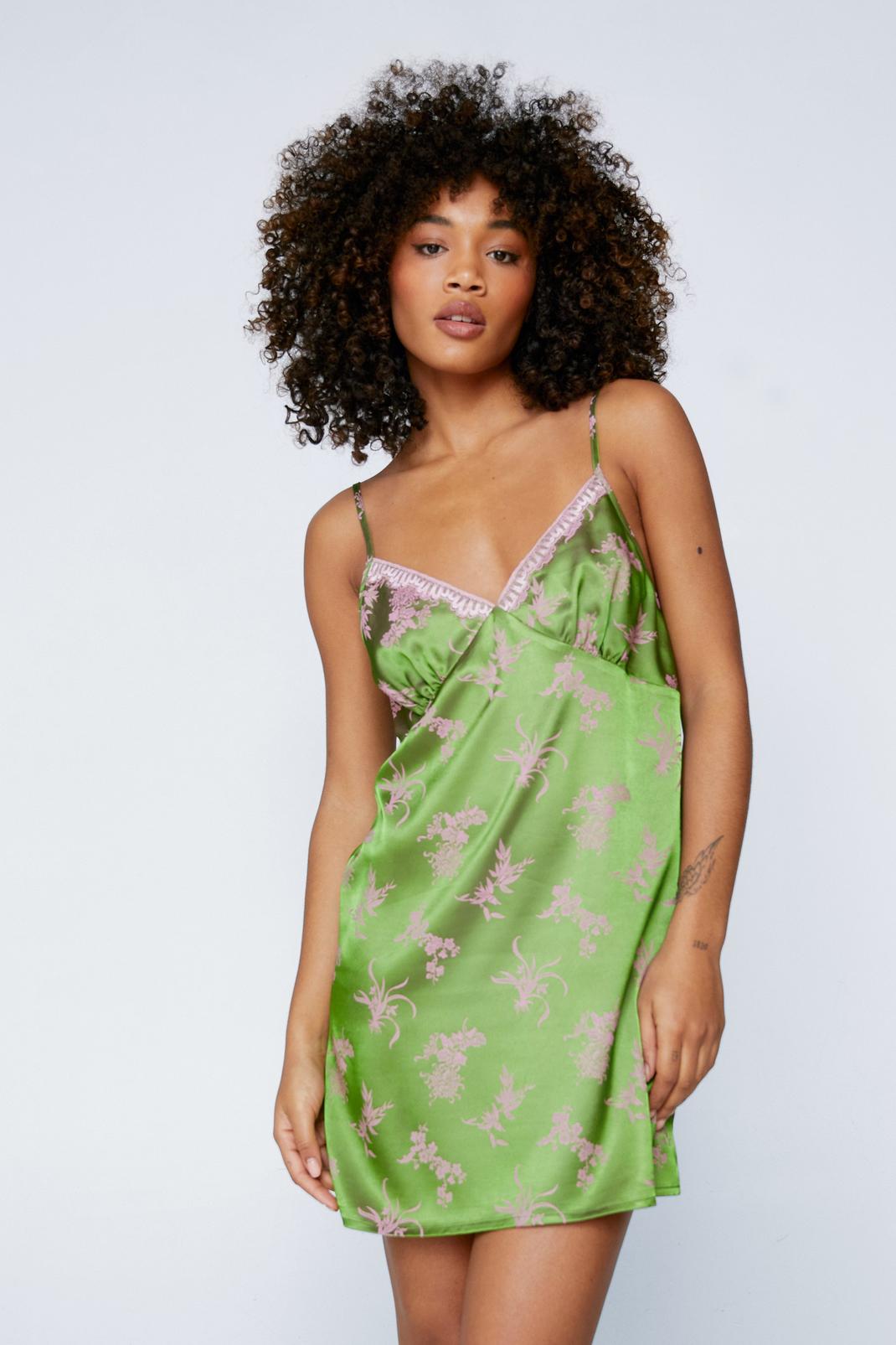 Green Premium Satin Floral Jacquard Lace Nightgown Slip Dress image number 1
