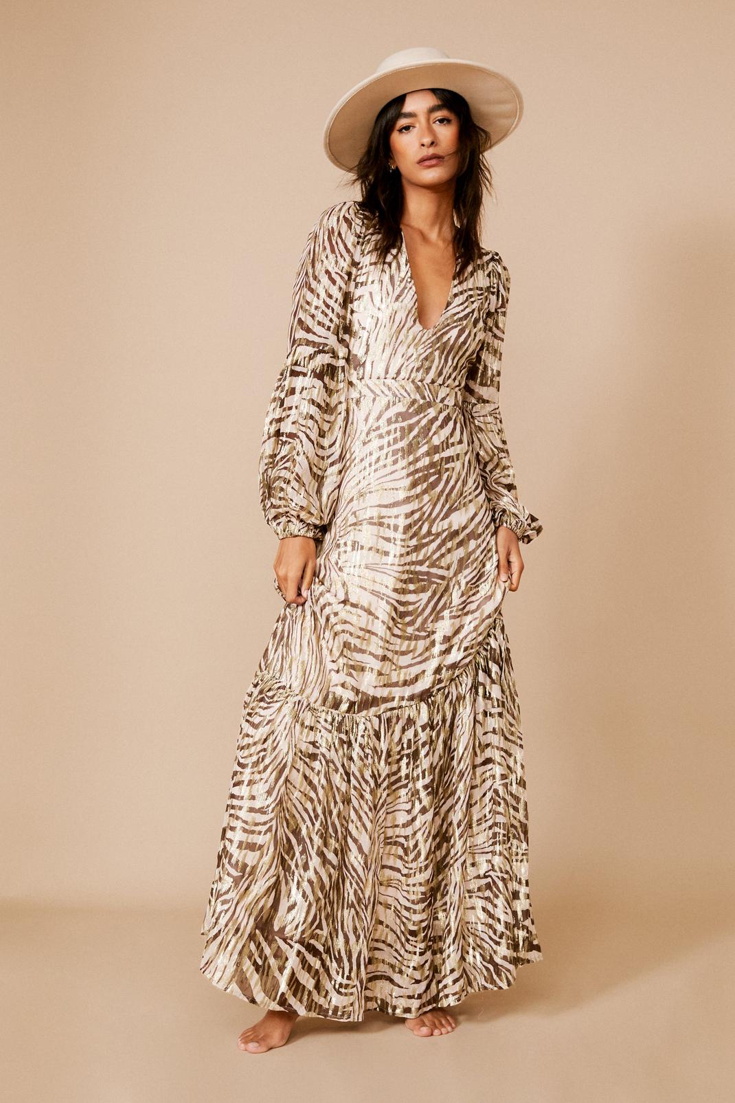 The Gia in Animal, Long Sleeve Silk Zebra Maxi Dress