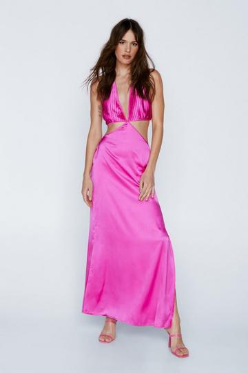 Pink Pleated Bust Halterneck Cut Out Maxi Dress