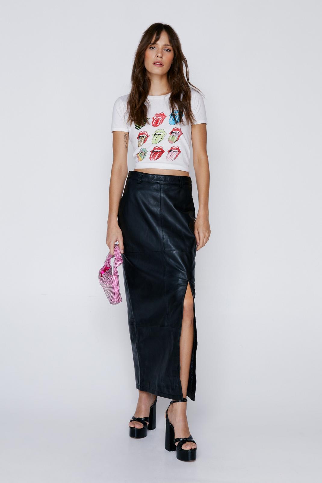 Black Real Leather Side Split Maxi Skirt image number 1
