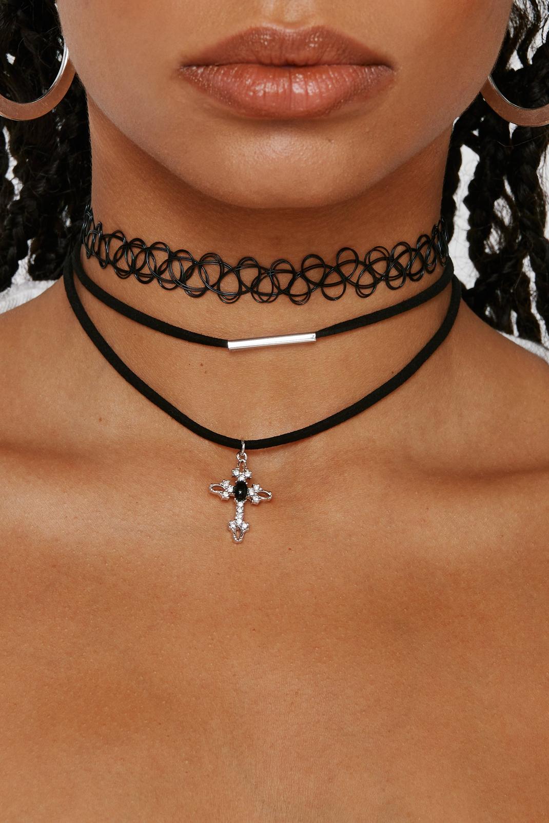 Black Layered Cross Choker Necklace image number 1