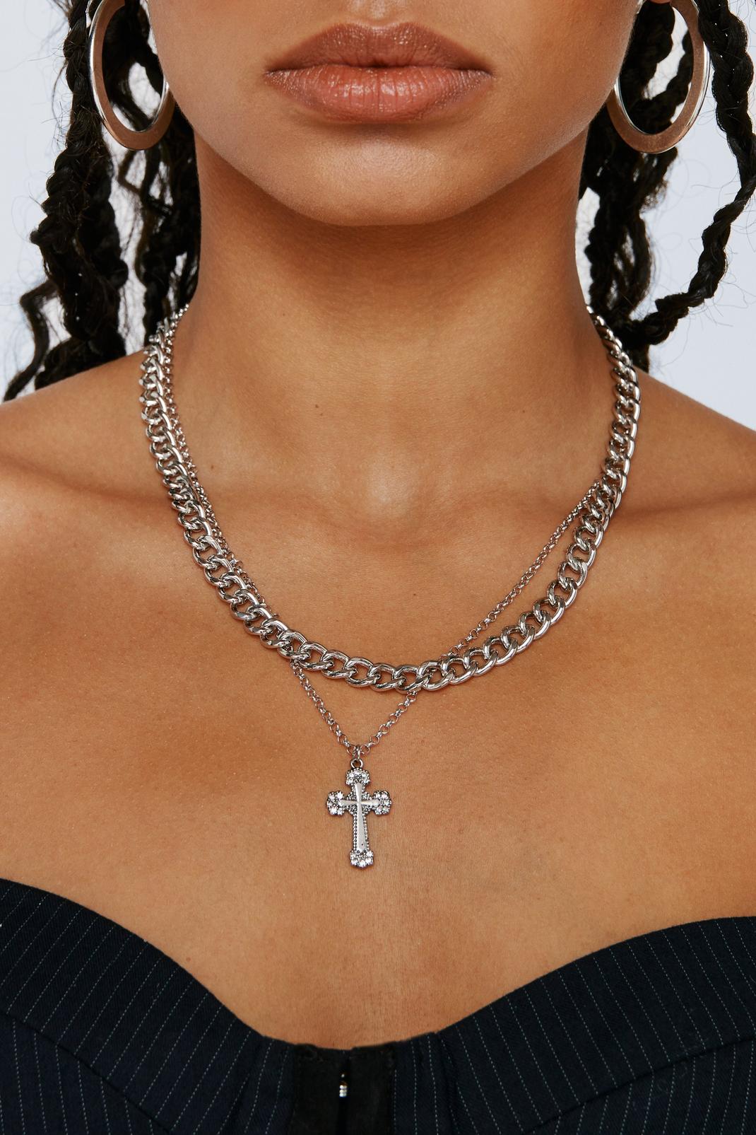 Collier à double chaîne à pendentif croix, Silver image number 1