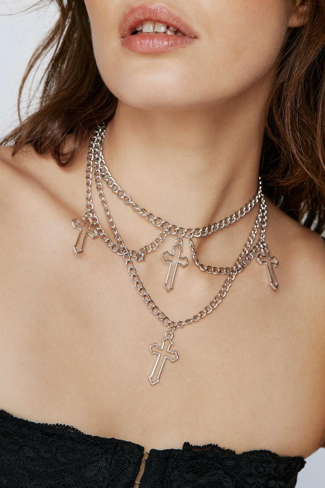 Silver Multi Cross Chain Layered Necklace image number 1