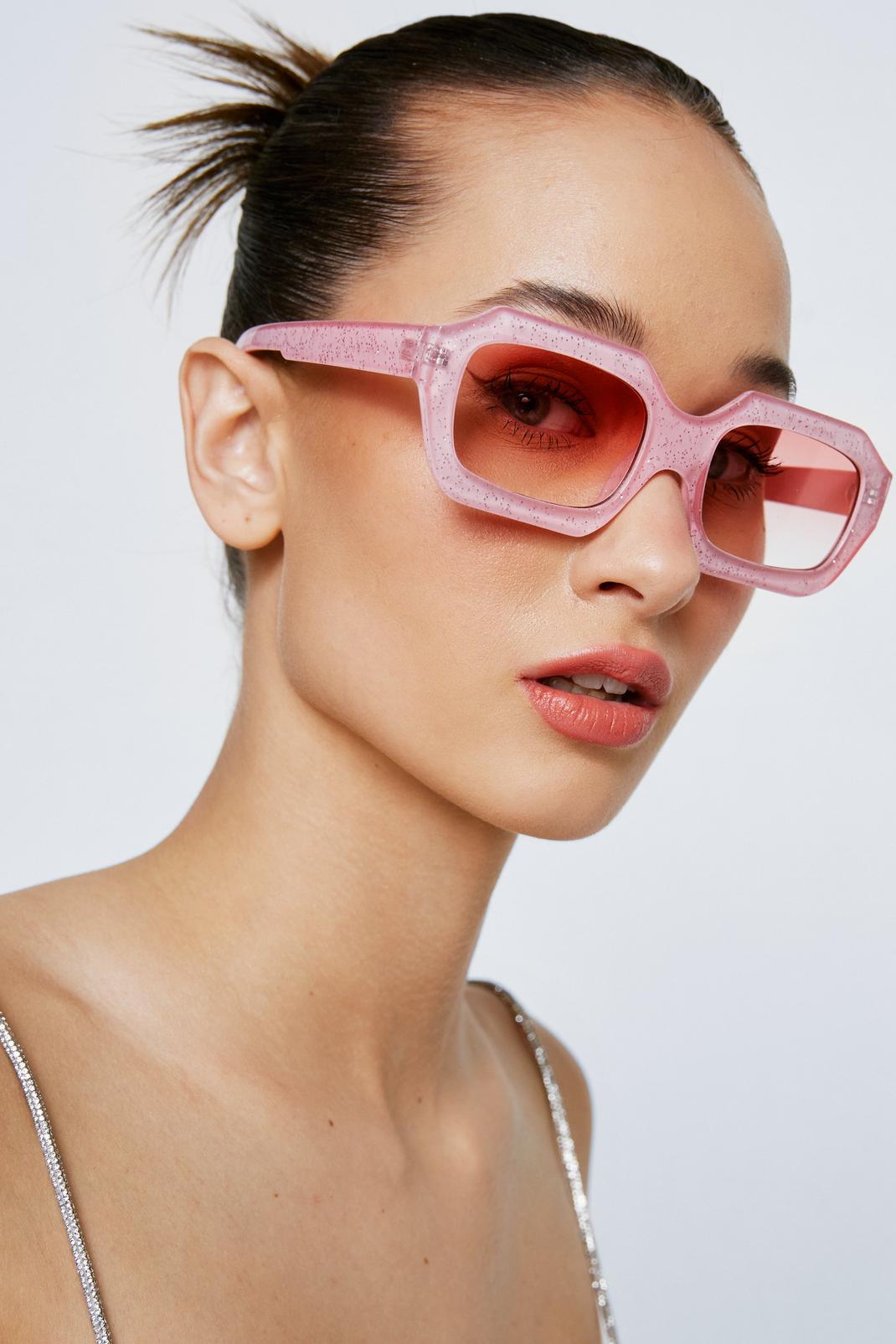 Pink Glitter Frame Rectangle Colored Lens Sunglasses image number 1