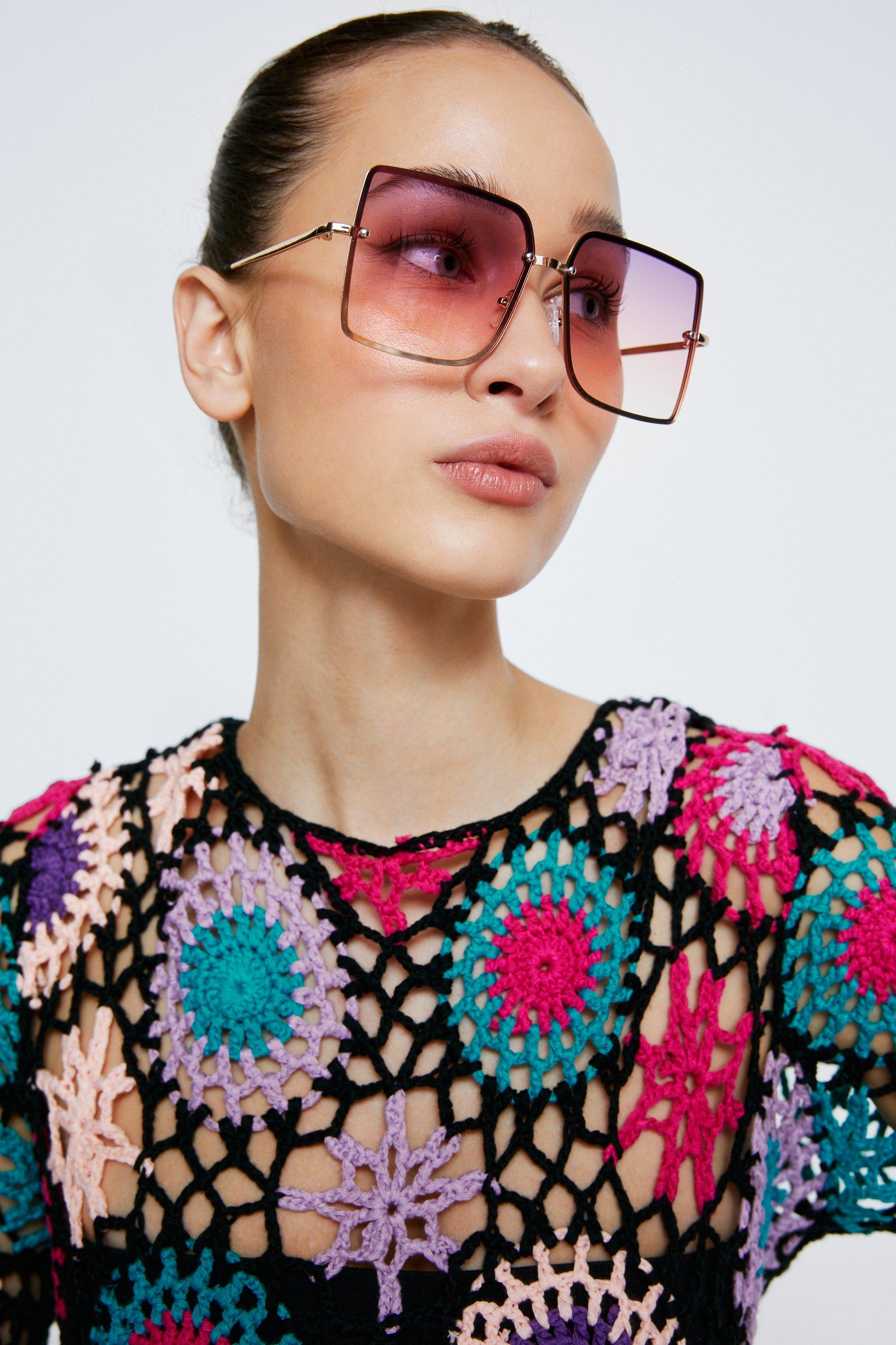 Women's Pink Lens Ombre Oversized Square Frame Sunglasses