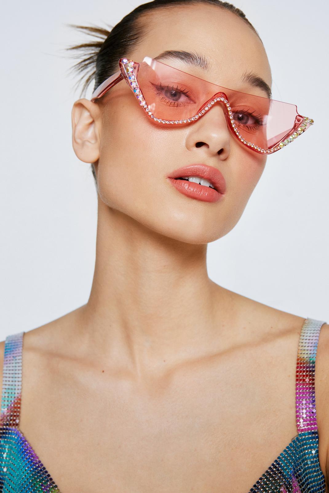 Pink Embellished Cateye Colored Lens Sunglasses image number 1