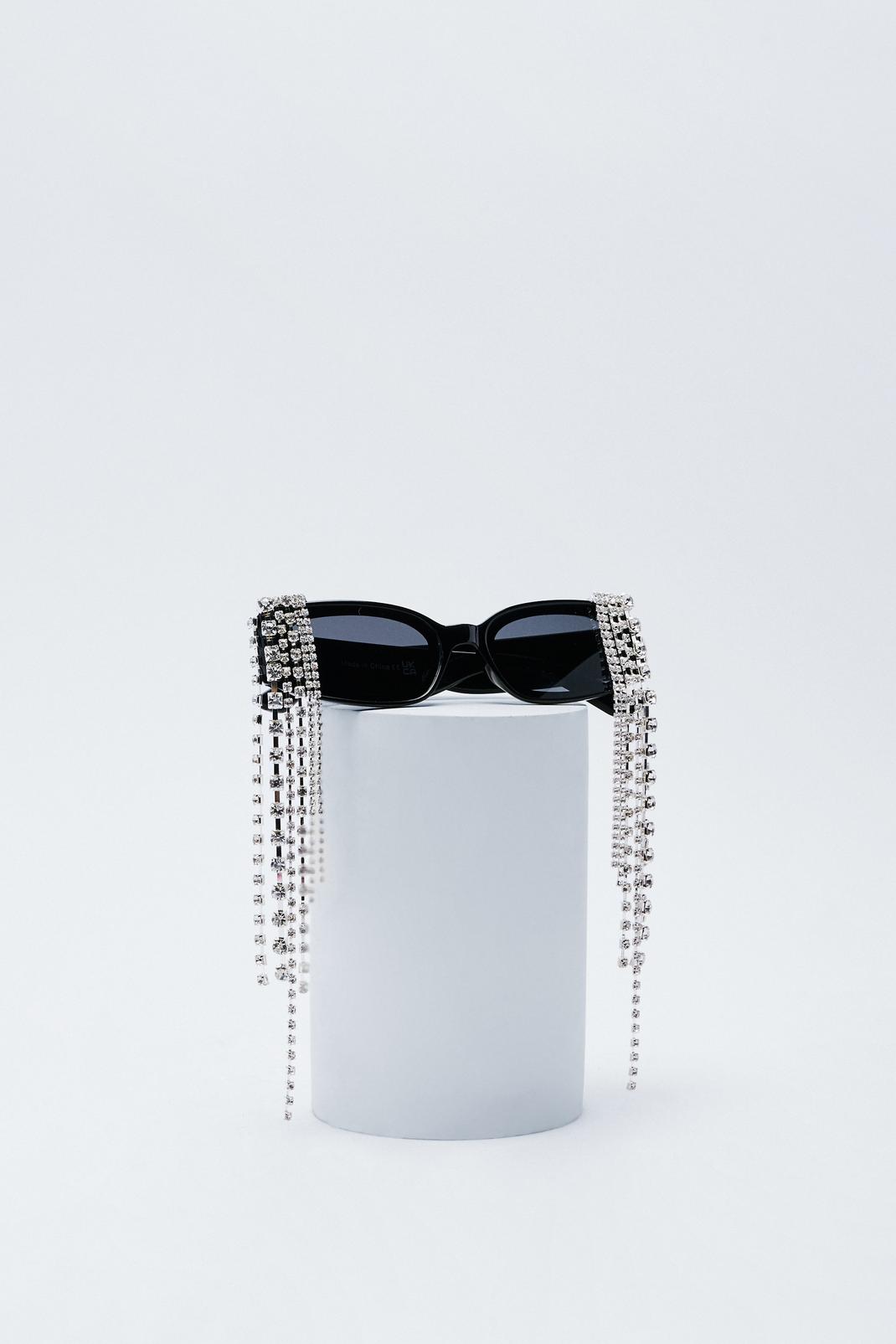 Black Drop Diamante Rectangle Sunglasses image number 1