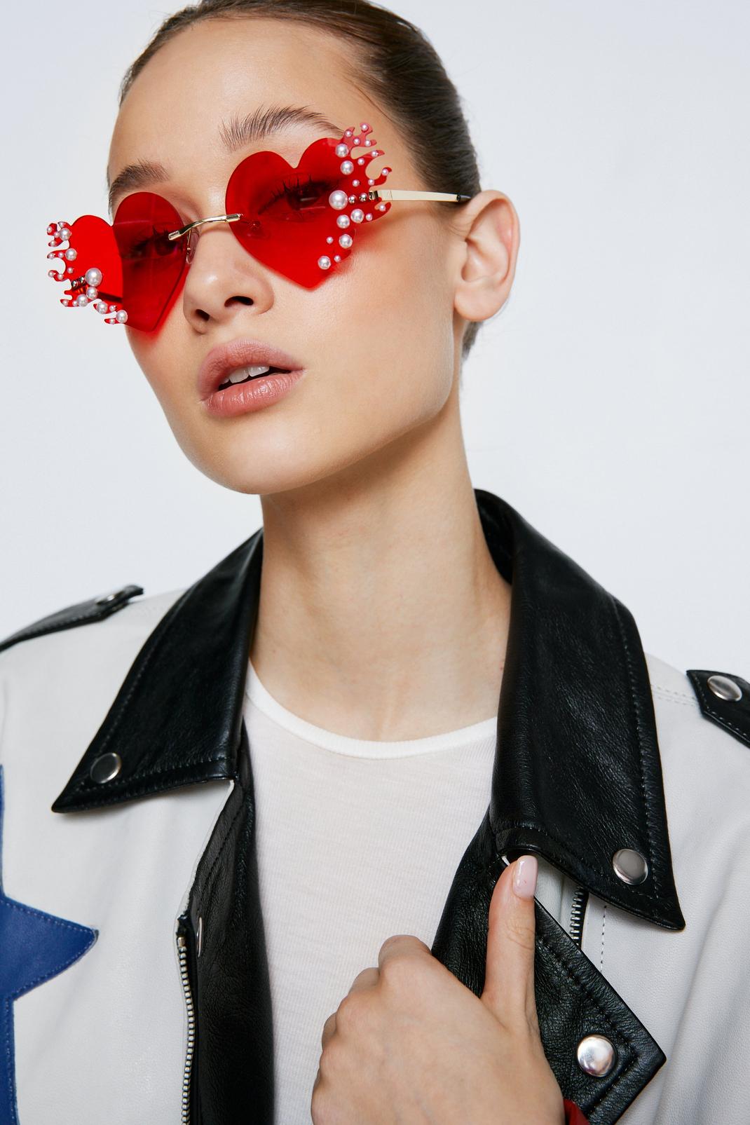 Red Heart Shape Colored Lens Pearl Detail Sunglasses image number 1