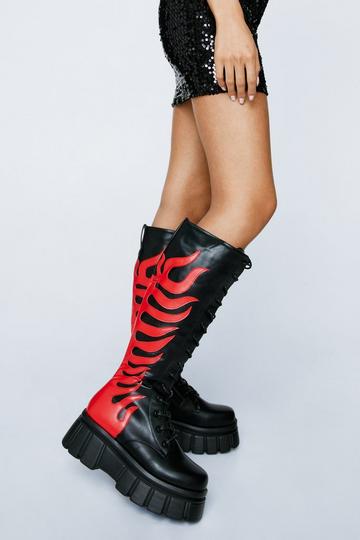 Faux Leather Flame Chunky Biker Boots red