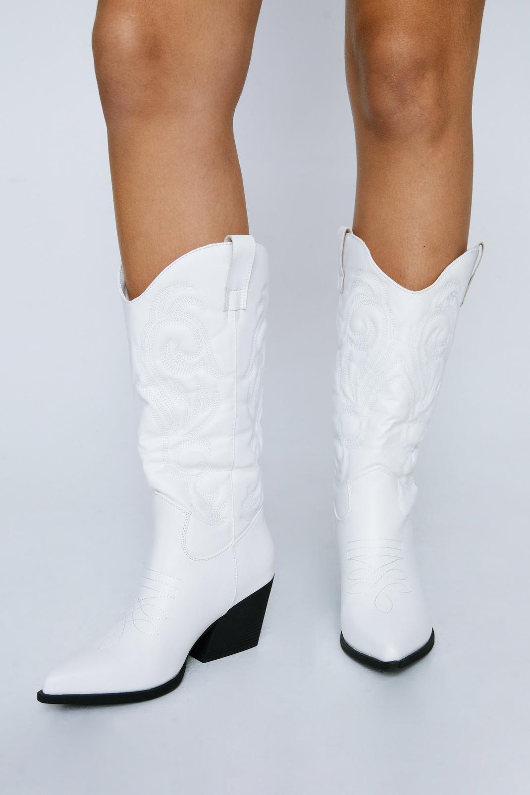 White Metallic Faux Leather Knee High Cowboy Boots  image number 1