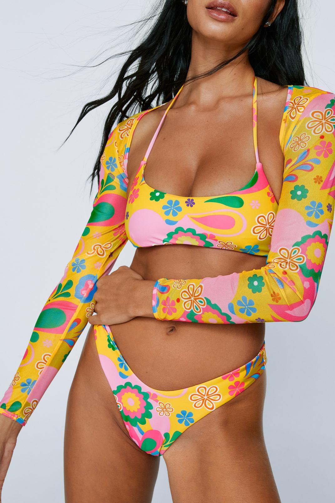 Yellow Retro Floral Crop Cut Out Bikini And Mesh Shrug 3pc Set image number 1