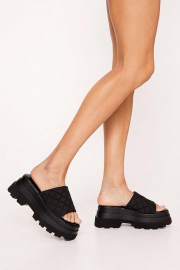 Black Faux Leather Quilted Triple Platform Sandals