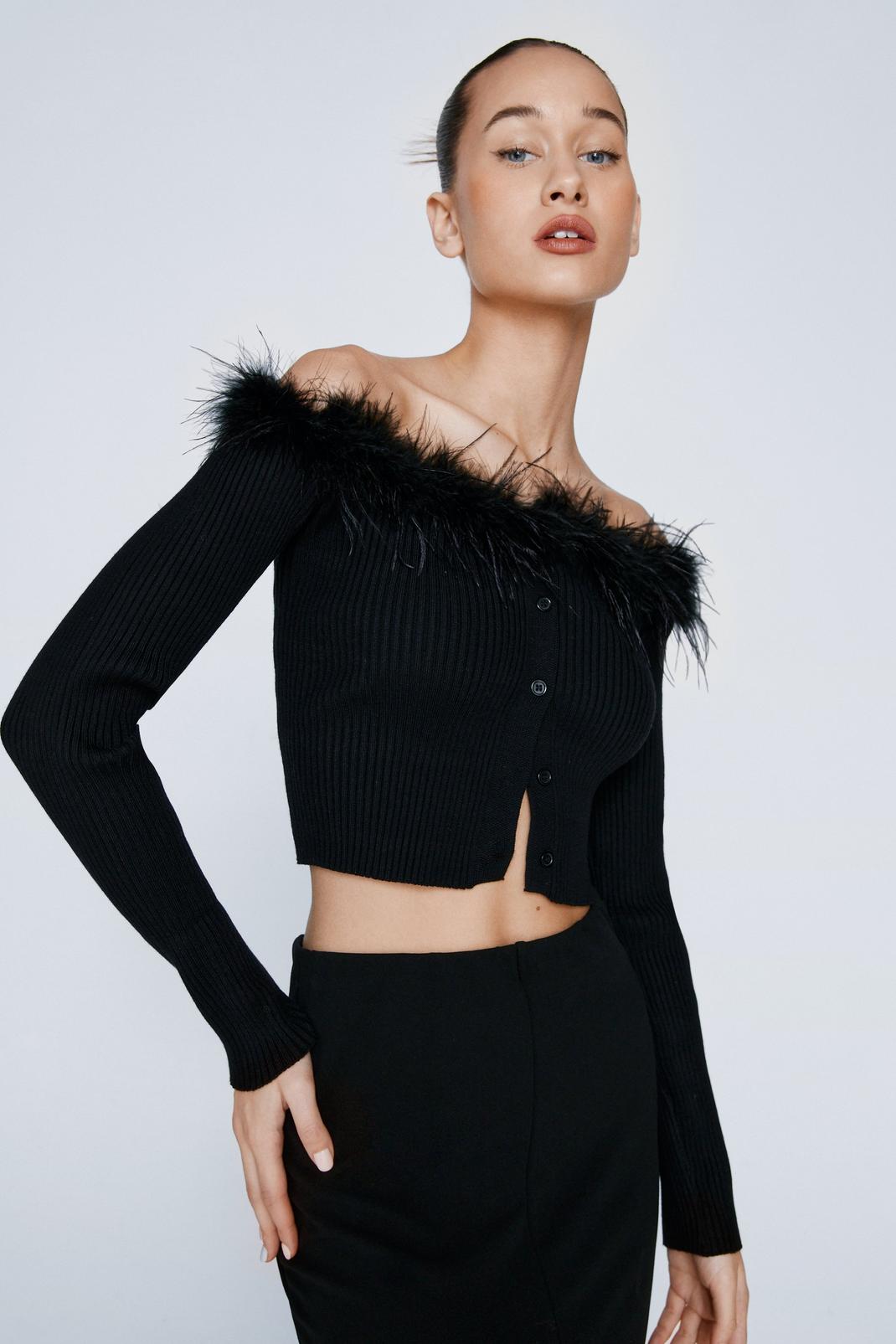 Black Feather Trim Button Front Knitted Bardot Top image number 1