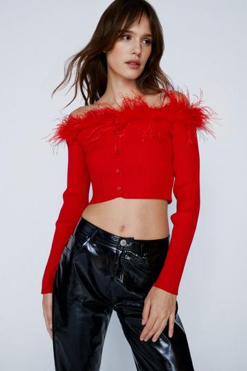 Red Feather Trim Button Front Knitted Bardot Top