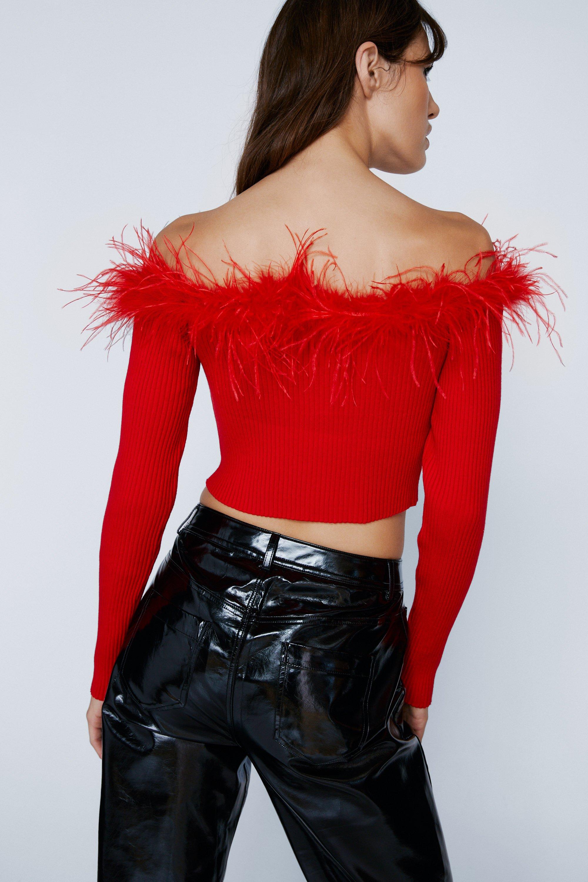 Feather Trim Button Front Knitted Off The Shoulder Top Nasty Gal