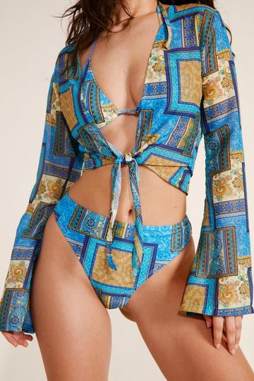 Tile Print Triangle Bikini And Top 3pc Set blue