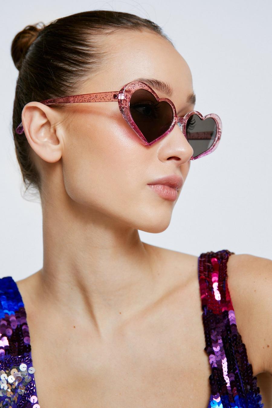 Glitter Heart Shape Mirrored Lense Sunglasses